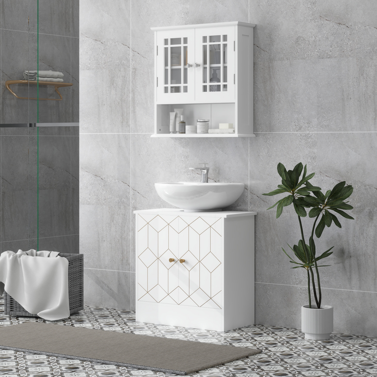 HOMCOM White Bathroom Under Sink Cabinet for Basin, Adjustable Shelf
