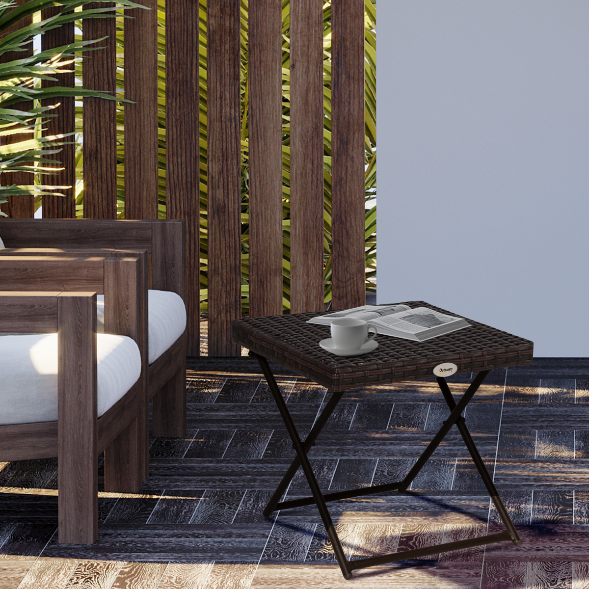 Outsunny Folding Square PE Rattan Coffee Table, Steel Frame, Outdoor Bistro Balcony Garden, Brown