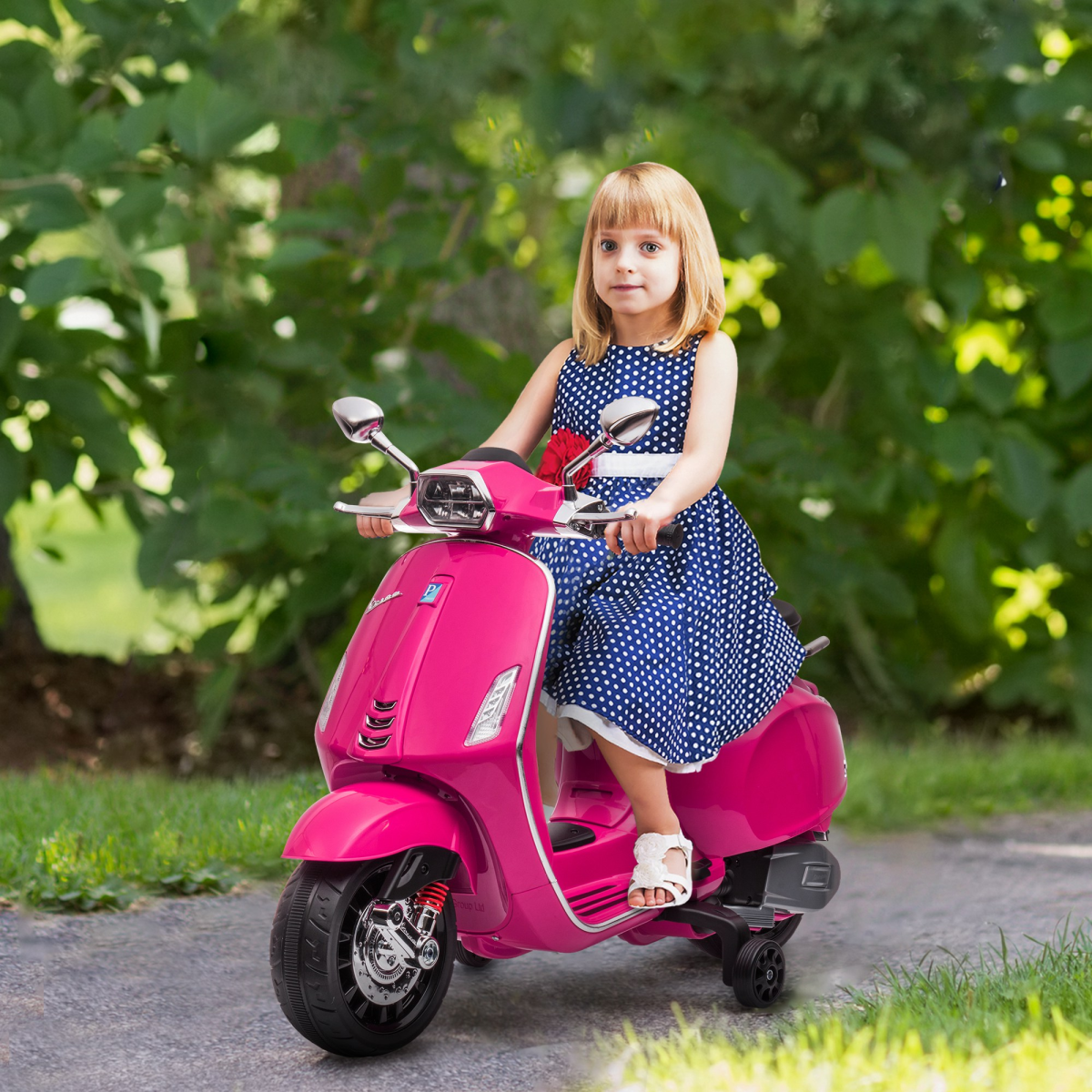 AIYAPLAY Licensed Vespa 12V Kids Electric Motorbike with Training Wheels, Pink