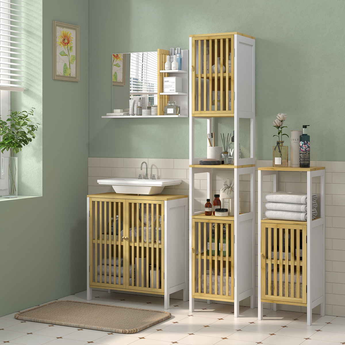 HOMCOM Bamboo Bathroom Floor Cabinet with Adjustable Shelf