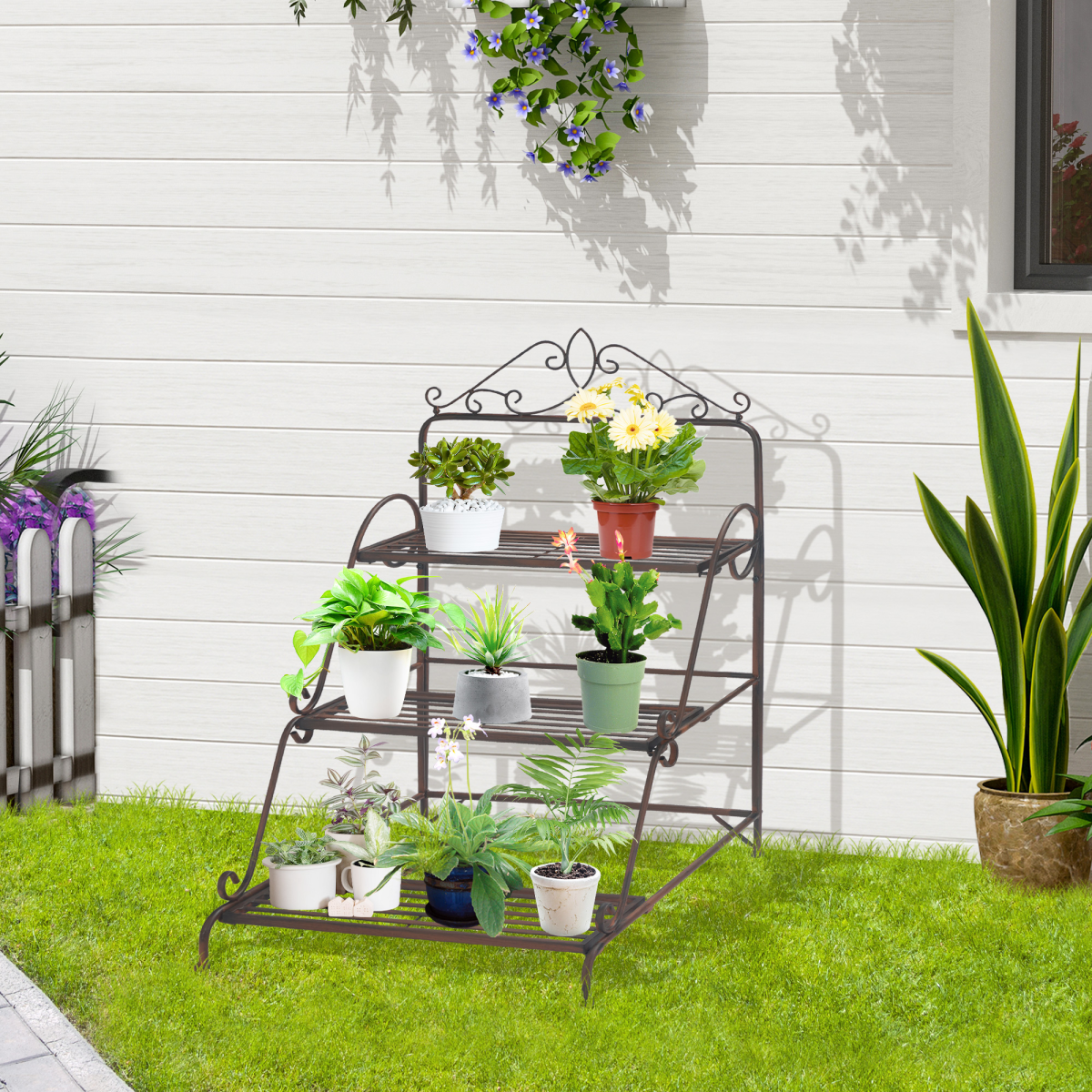 Outsunny 3-Tier Freestanding Metal Stair-Style Plant Stand with Scrollwork, Flower Pot Holder Display Shelf
