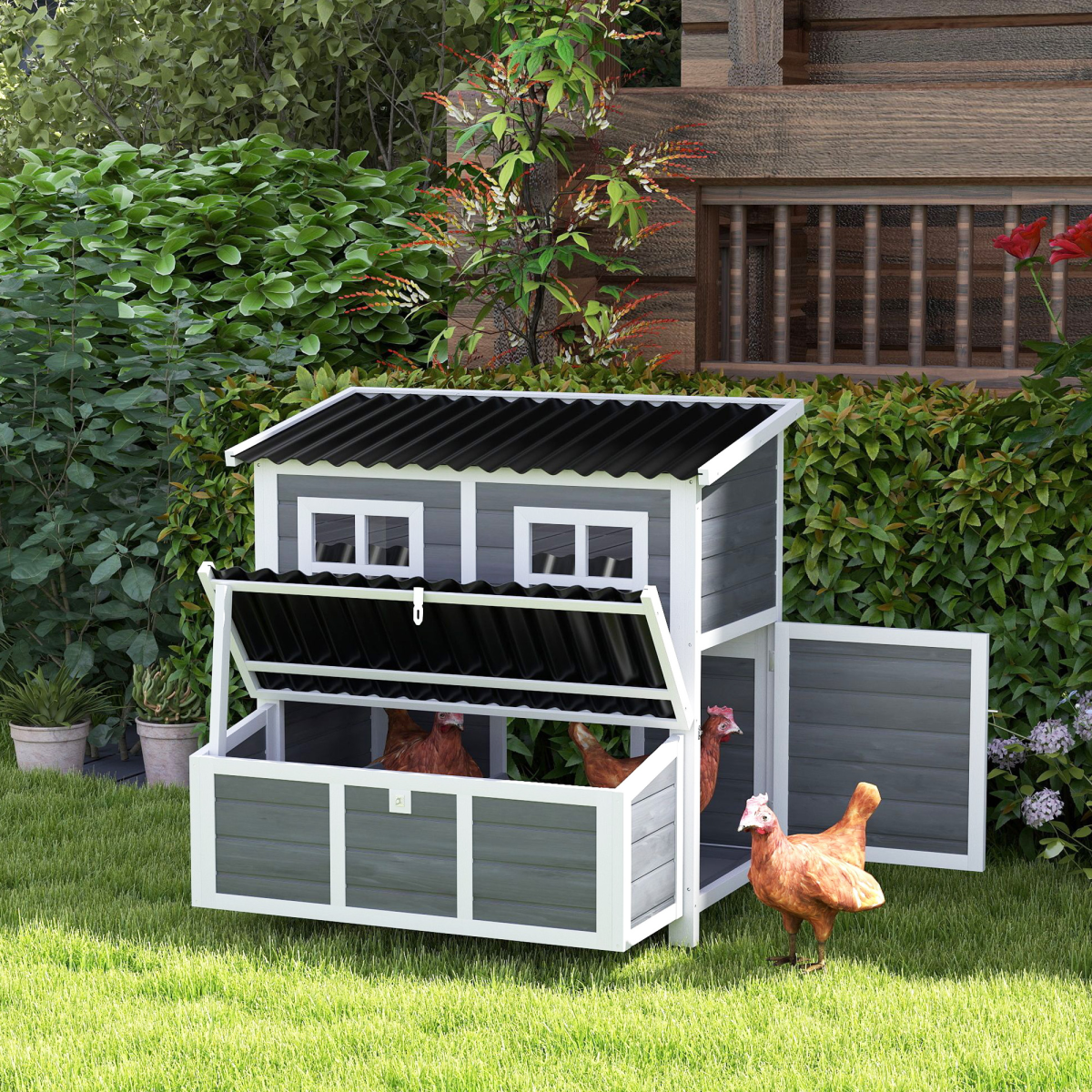 PawHut Wooden Chicken Coop with Nesting Box for 4-6 Chickens