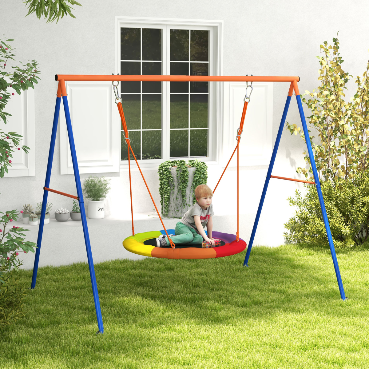 Outsunny Kids Nest Swing Seat with A-Frame Structure for Outdoor Use, Fits Up to 2 Kids