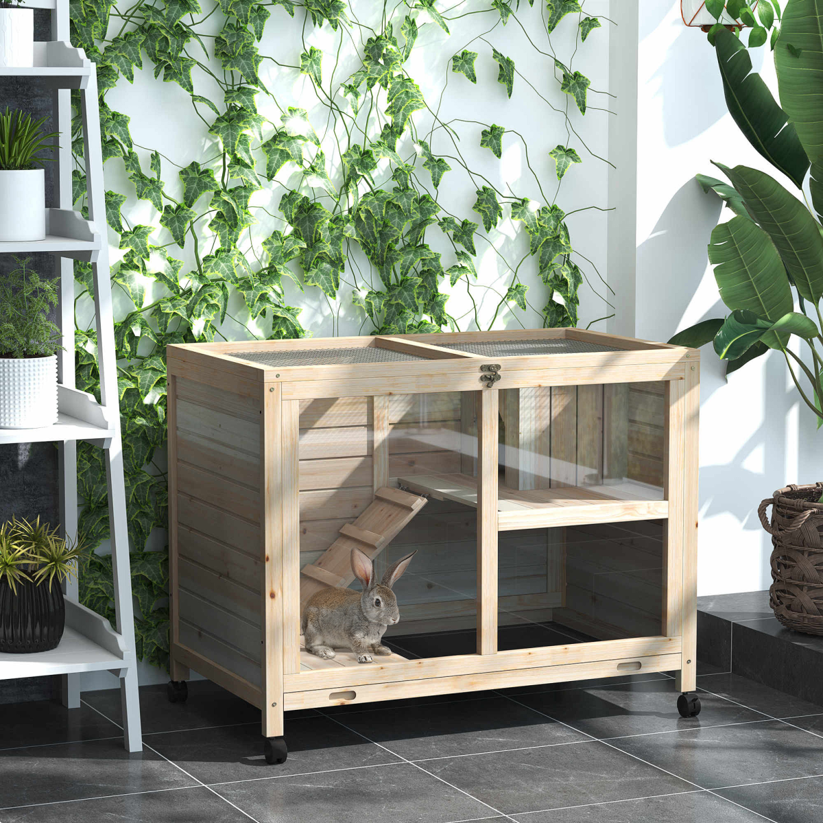 PawHut Indoor Rabbit Hutch for Rabbits, Guinea Pigs and Large Rodents, 2-Tier Wooden Cage with Openable Roof, Large Entrance, Latch Door and Pull-Out Tray, Natural