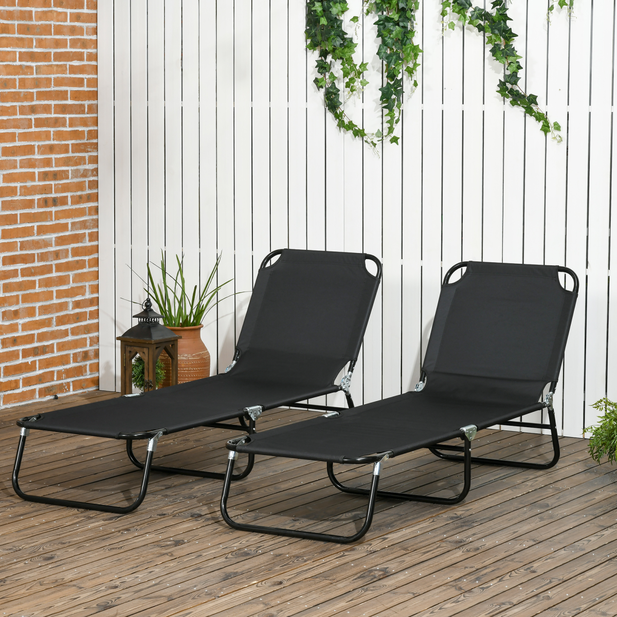 Outsunny Set of 2 Folding Sun Loungers with Adjustable Backrest, Black