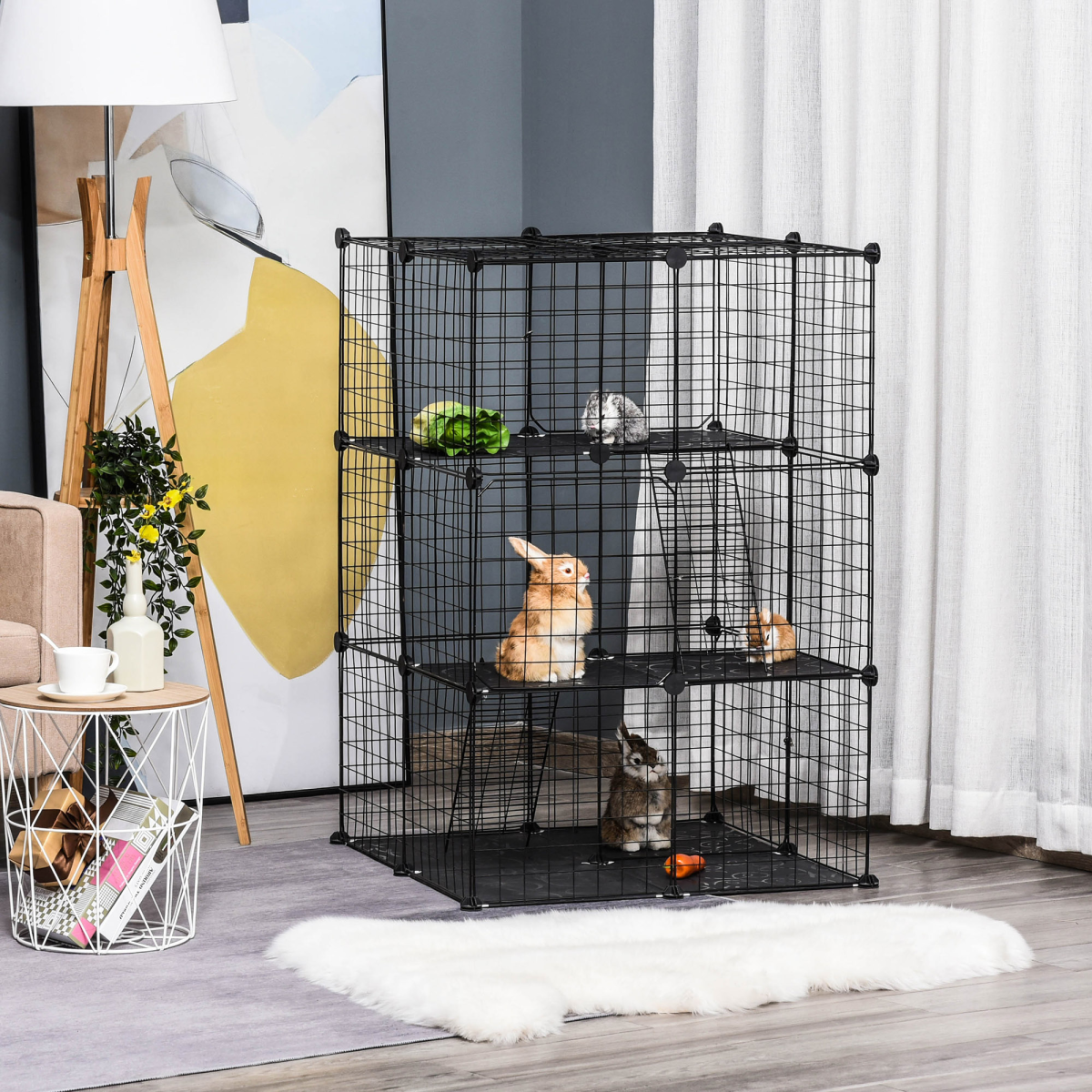 PawHut DIY Small Animal Playpen Cage with 39 Panels, 3 Doors and 2 Ramps, Customizable for Rabbits and Chinchillas