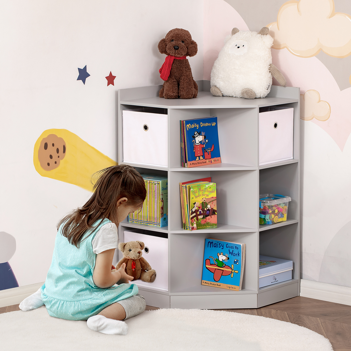 Kids Corner Storage Cabinet with Anti-Tipping Hardware, 9-Compartment Organizer with Drawers, HOMCOM