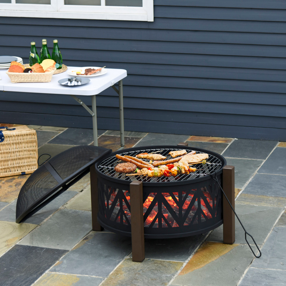 HOMCOM 2-in-1 Outdoor Fire Pit Bowl with BBQ Grill Grate, 30" Spark Screen Cover