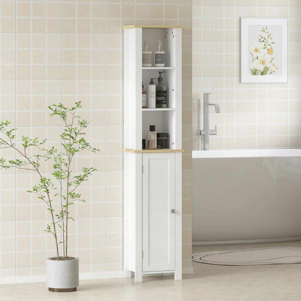 kleankin Slim Bathroom Storage Cabinet with Open Shelf, White