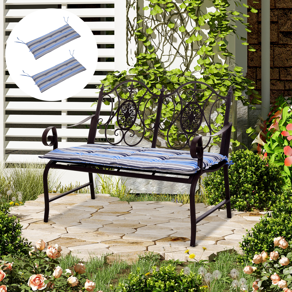 2-Piece Blue Striped Double Seat Patio Bench Cushion Set