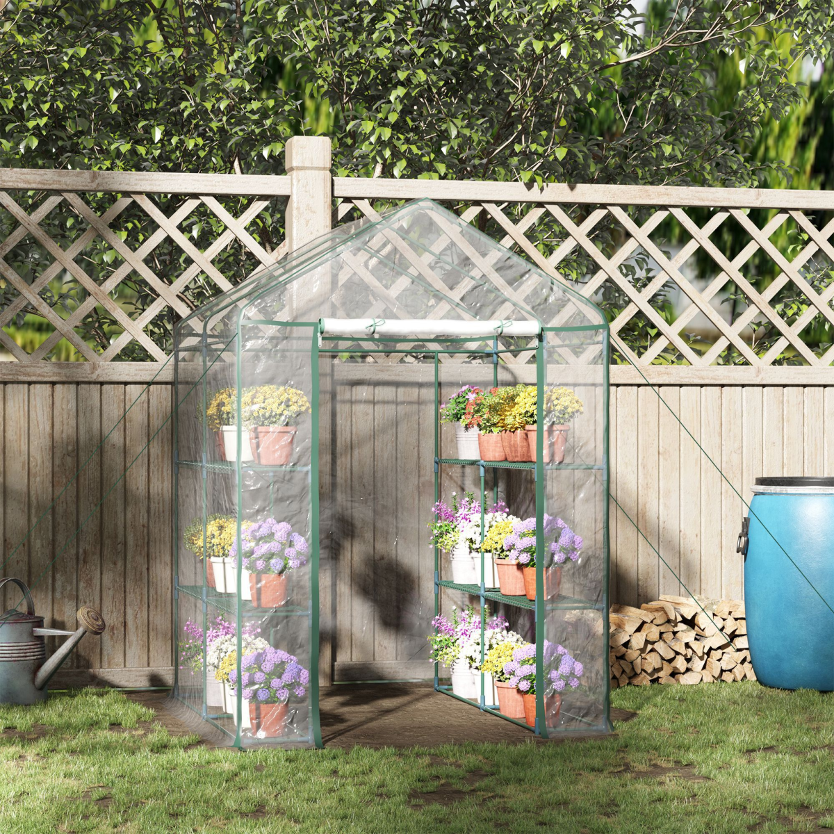 Outsunny Large Steel Frame Greenhouse with 2 Shelves, Clear PVC Cover, Zippered Door