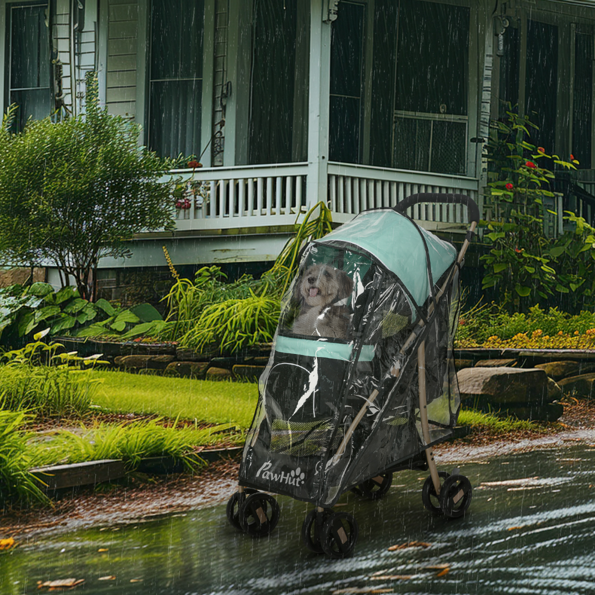 PawHut Foldable Pet Stroller for XS and S Dogs with Rain Cover - Green