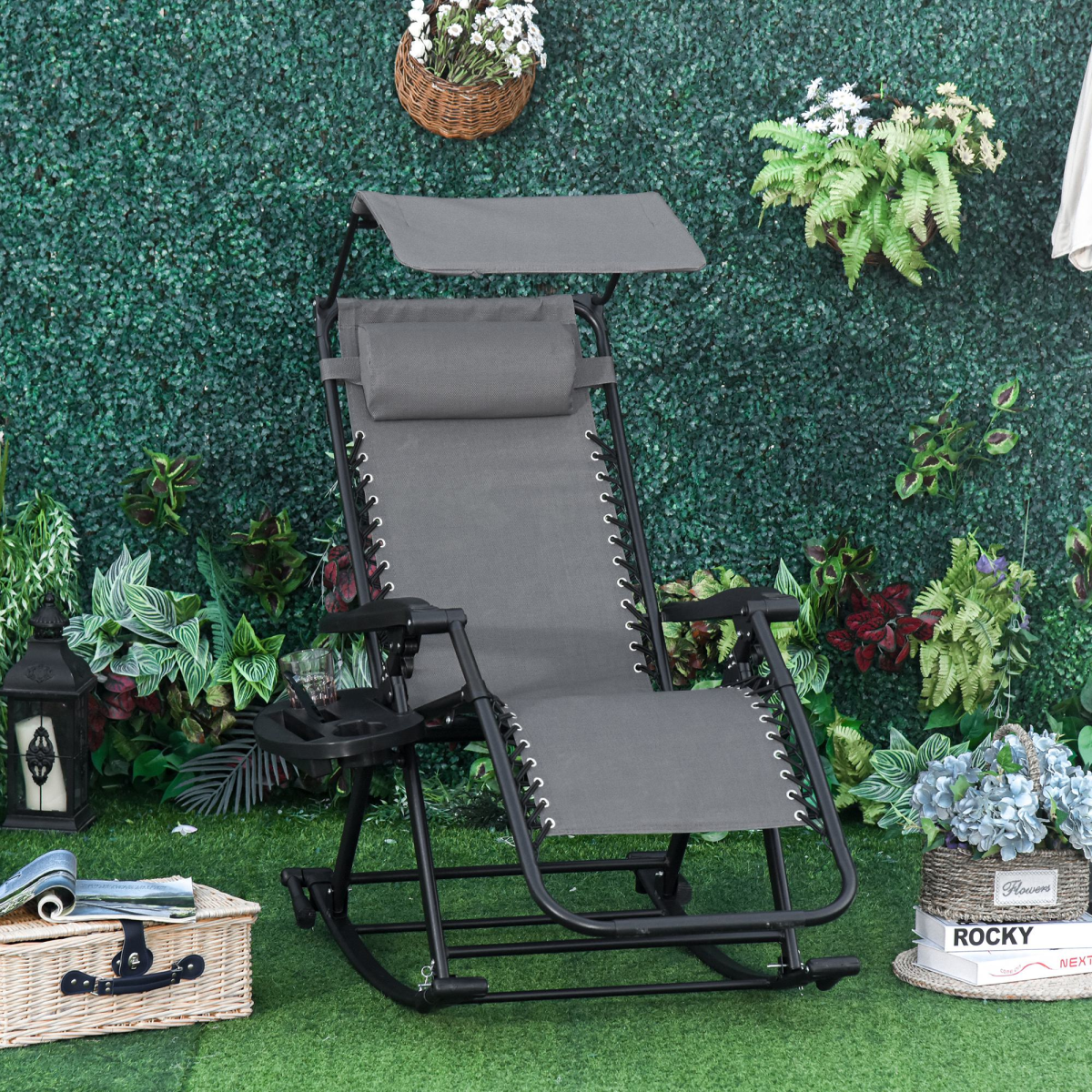 Grey Folding Outdoor Zero-Gravity Recliner Rocker Chair