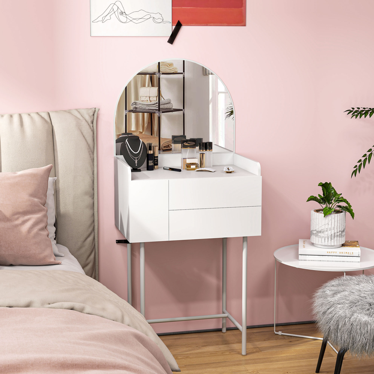 HOMCOM White Makeup Vanity Table with Mirror and 3 Drawers