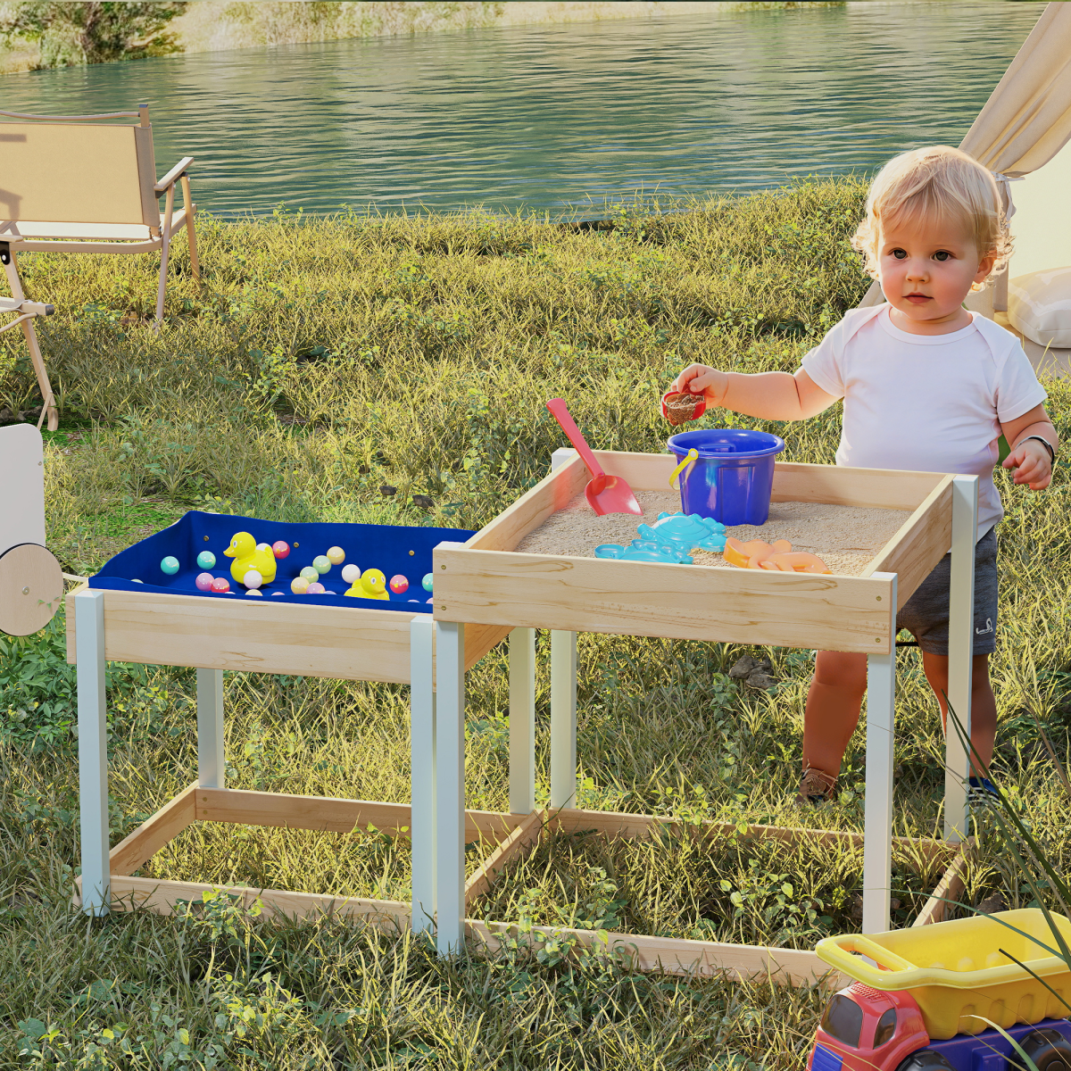 AIYAPLAY 2-Piece Wooden Sand & Water Play Tables with Liner