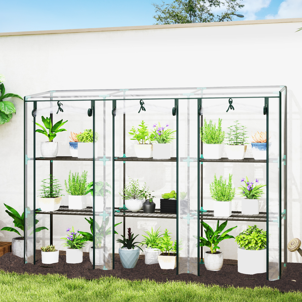 Outsunny 3-Tier Lean-to Mini Greenhouse with Clear Plastic Cover