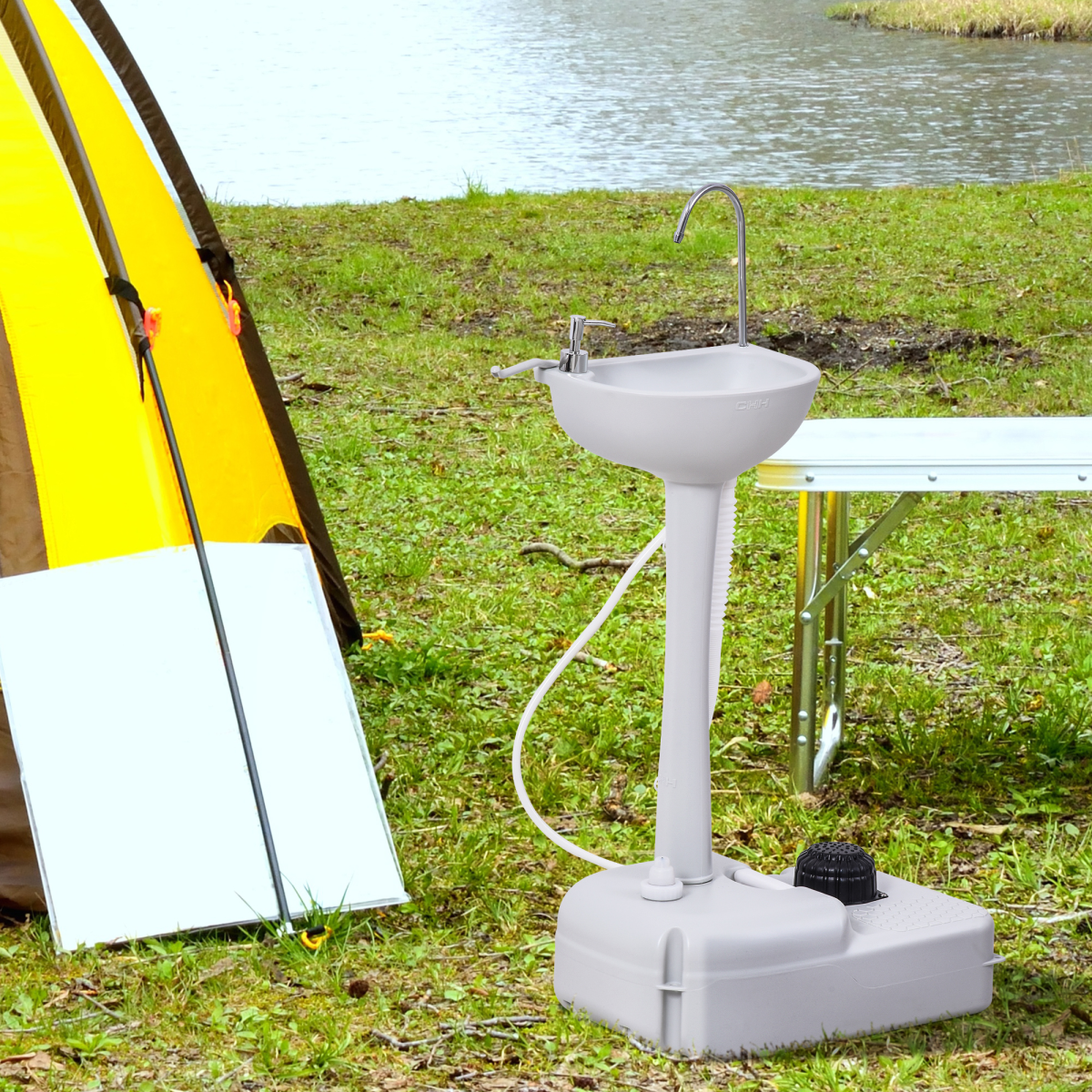Portable Camping Sink with Foot Pump, 17L Water Tank, Towel Holder, Hand Sanitizer Tank and Drainage Hose