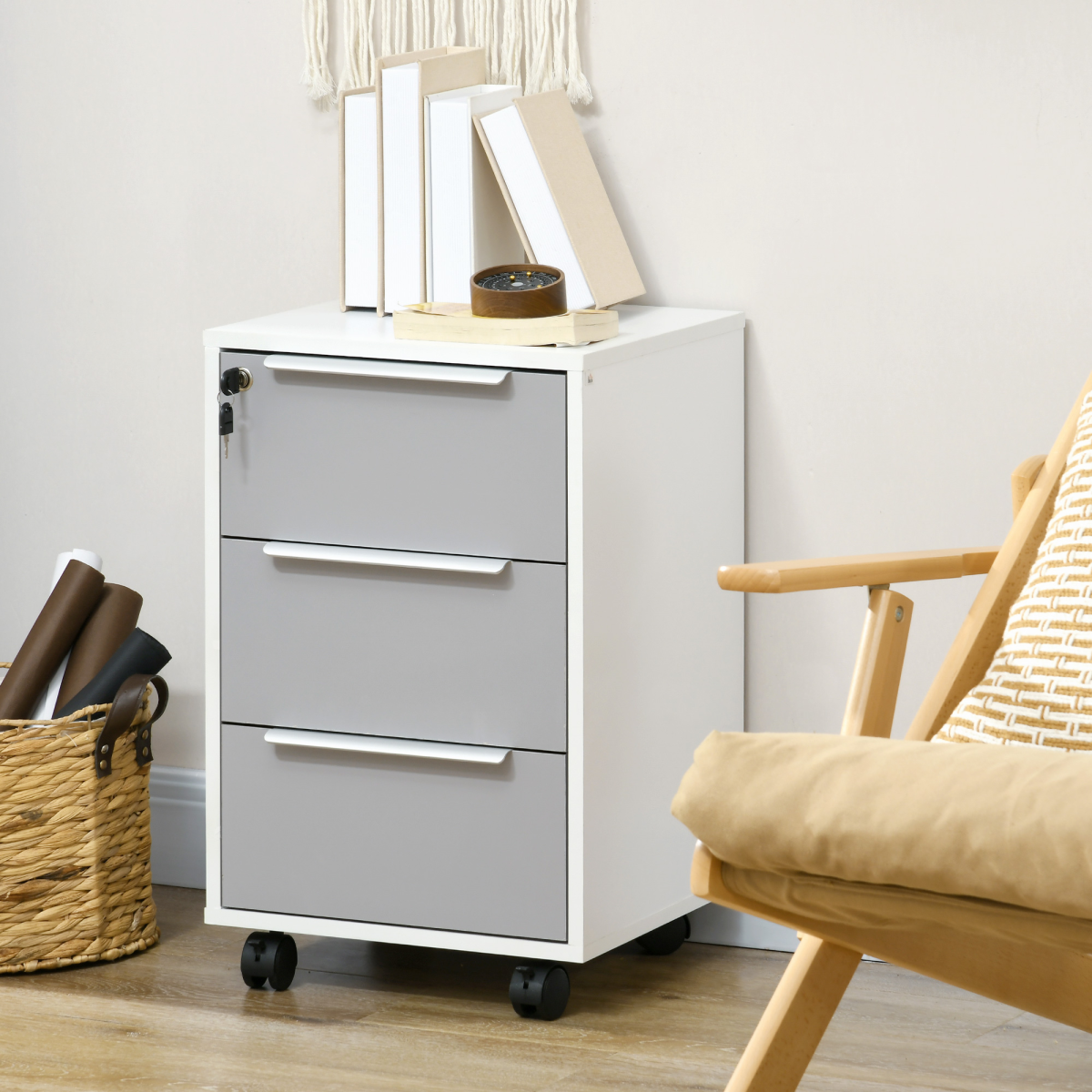 HOMCOM 3-Drawer Locking Mobile File Cabinet with Wheels
