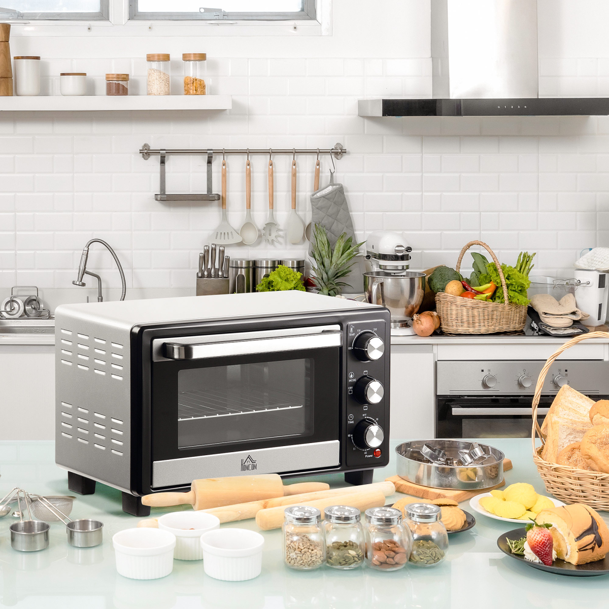 HOMCOM 16L Mini Oven with Grill, 1400W Toaster Oven, Adjustable Temperature, 0-60 Min Timer