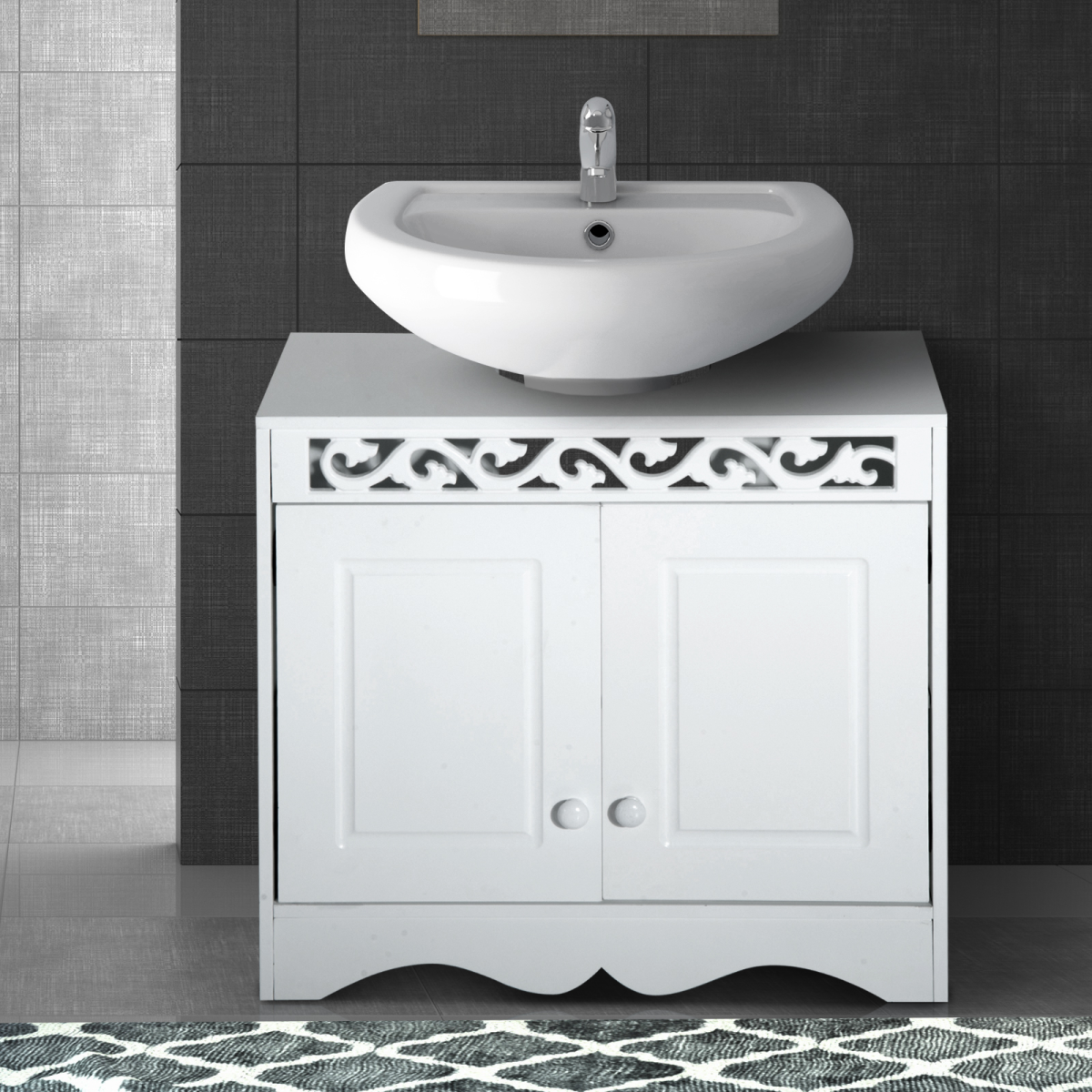 White Wooden Under Sink Bathroom Storage Cabinet, Double Door