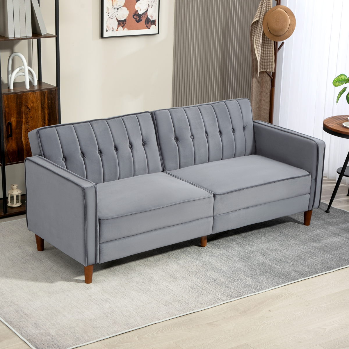 HOMCOM Dark Grey Velvet-Touch Convertible Futon Sofa Bed