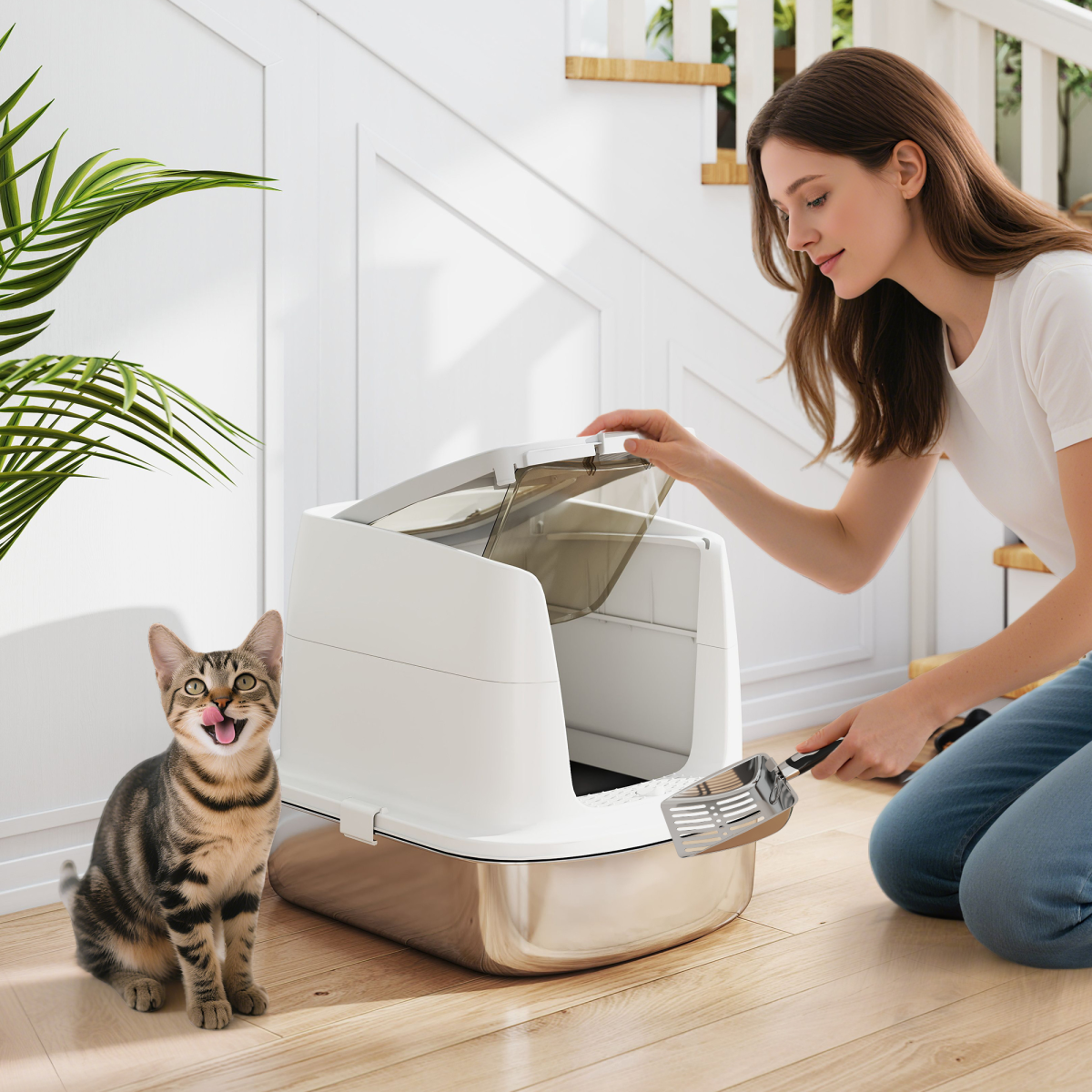 PawHut Enclosed Stainless Steel Cat Litter Box with Scoop