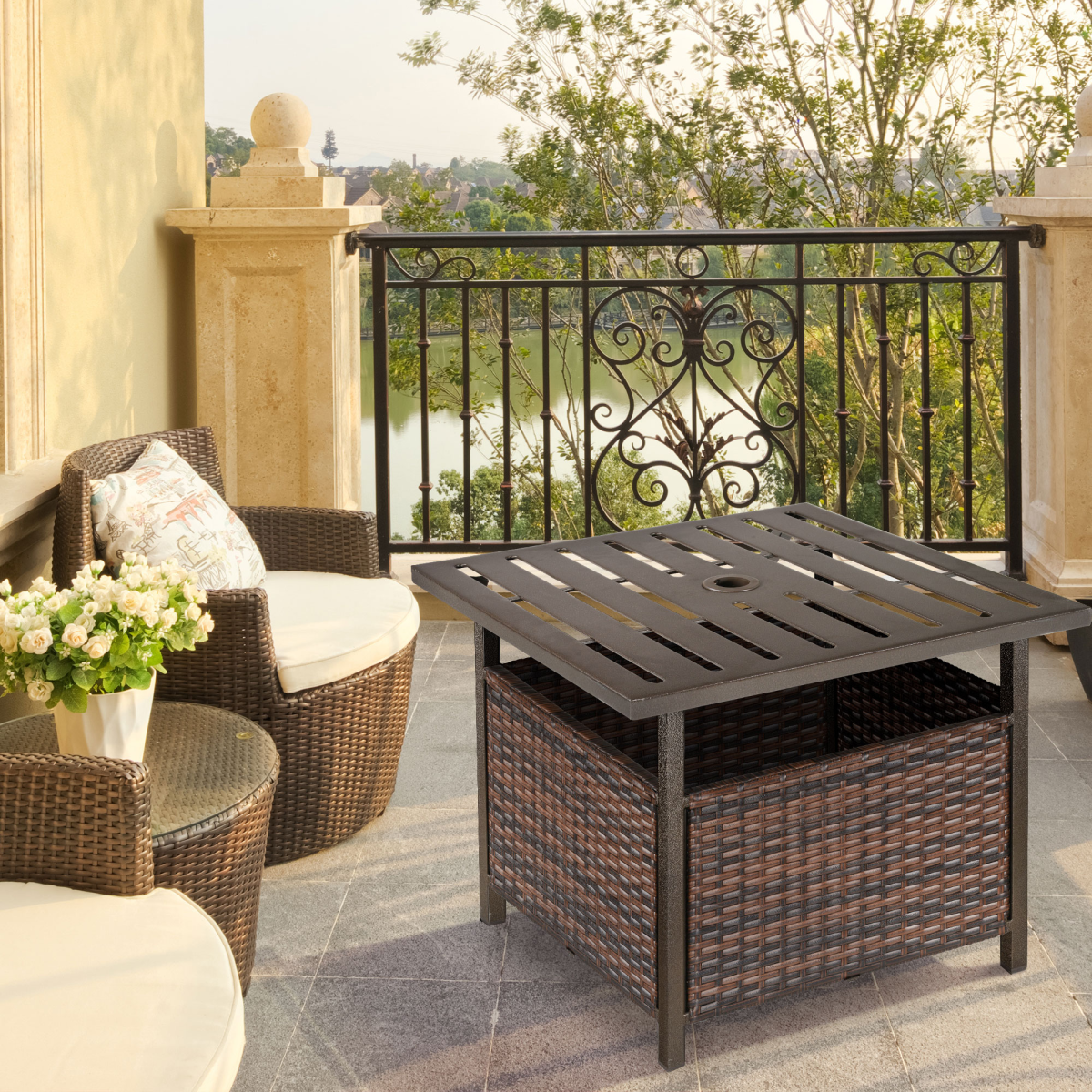 Outsunny Outdoor Rattan Coffee Table with Umbrella Hole & Storage
