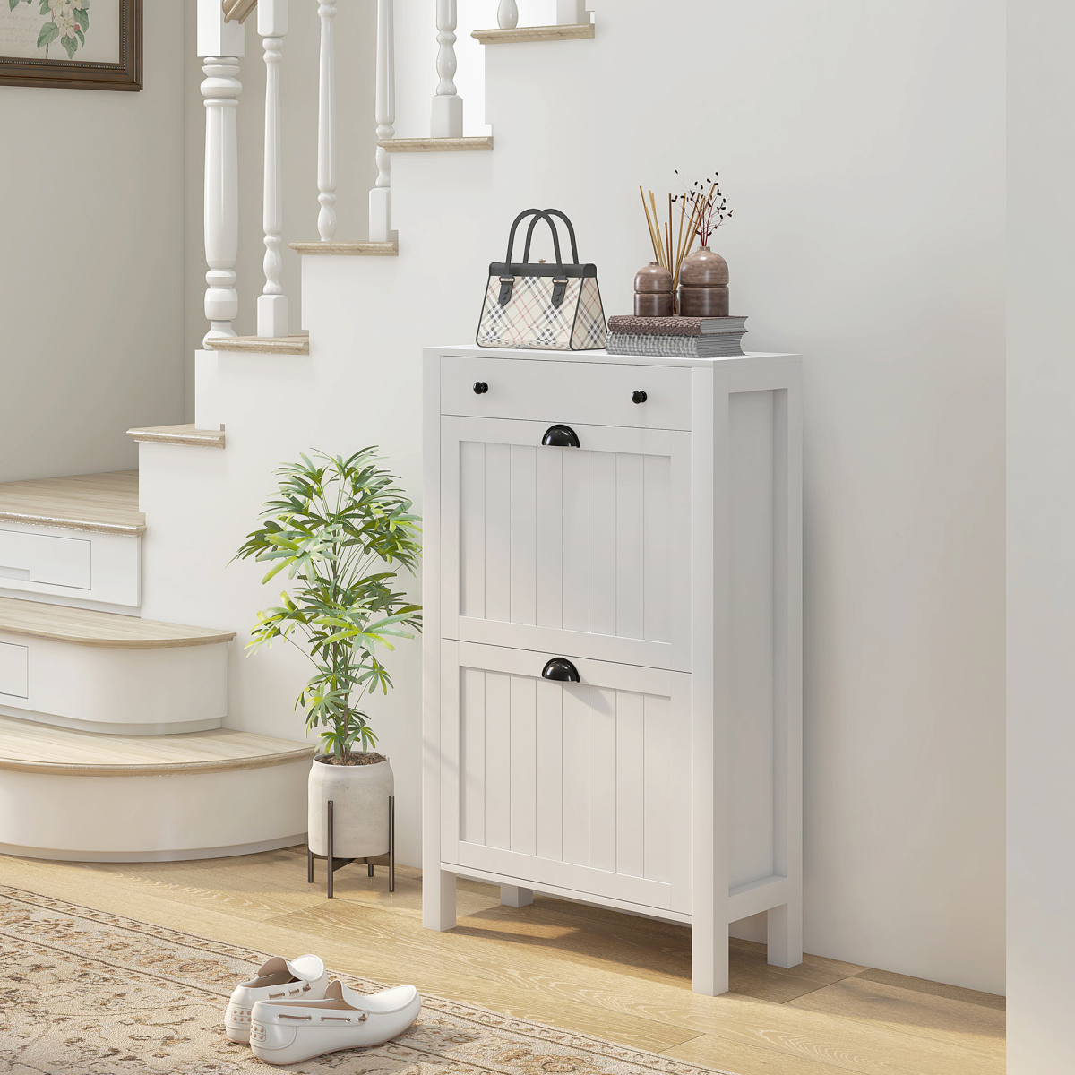 HOMCOM Narrow Shoe Cabinet, 2 Flip Drawers, Top Drawer, White
