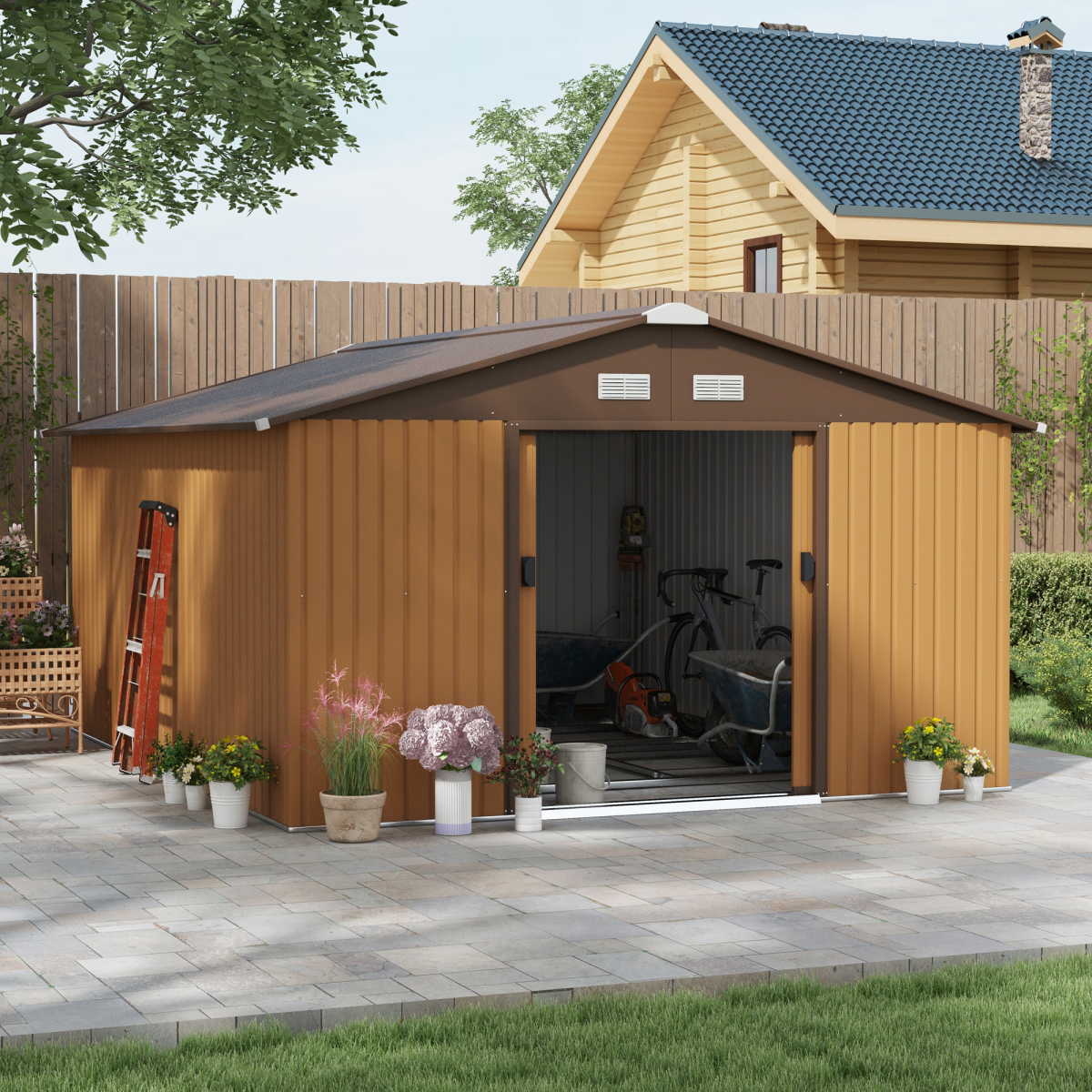 Outsunny 13ft x 11ft Metal Storage Shed with Floor Foundation, Sliding Double Doors, Light Brown