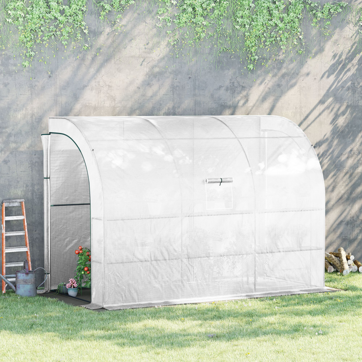 Plant Greenhouse Lean-To with Shelves, Zipper Doors, White, 300 x 150 x 213 cm