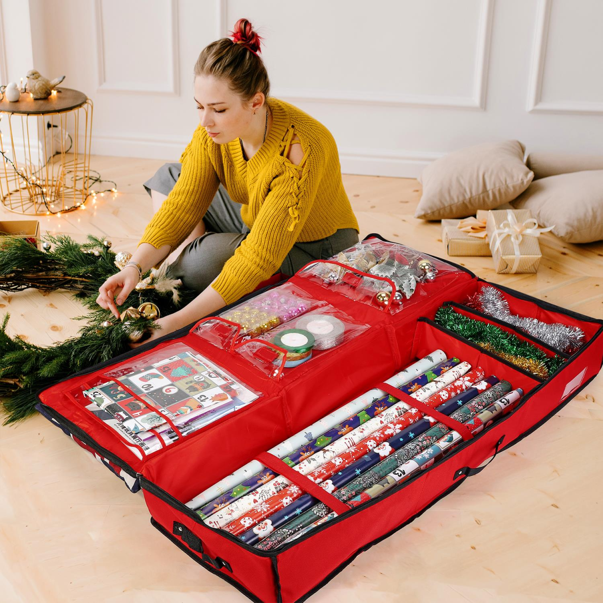 Vinsani Deluxe Gift Wrap Storage Organizer with Adjustable Straps and Compartments