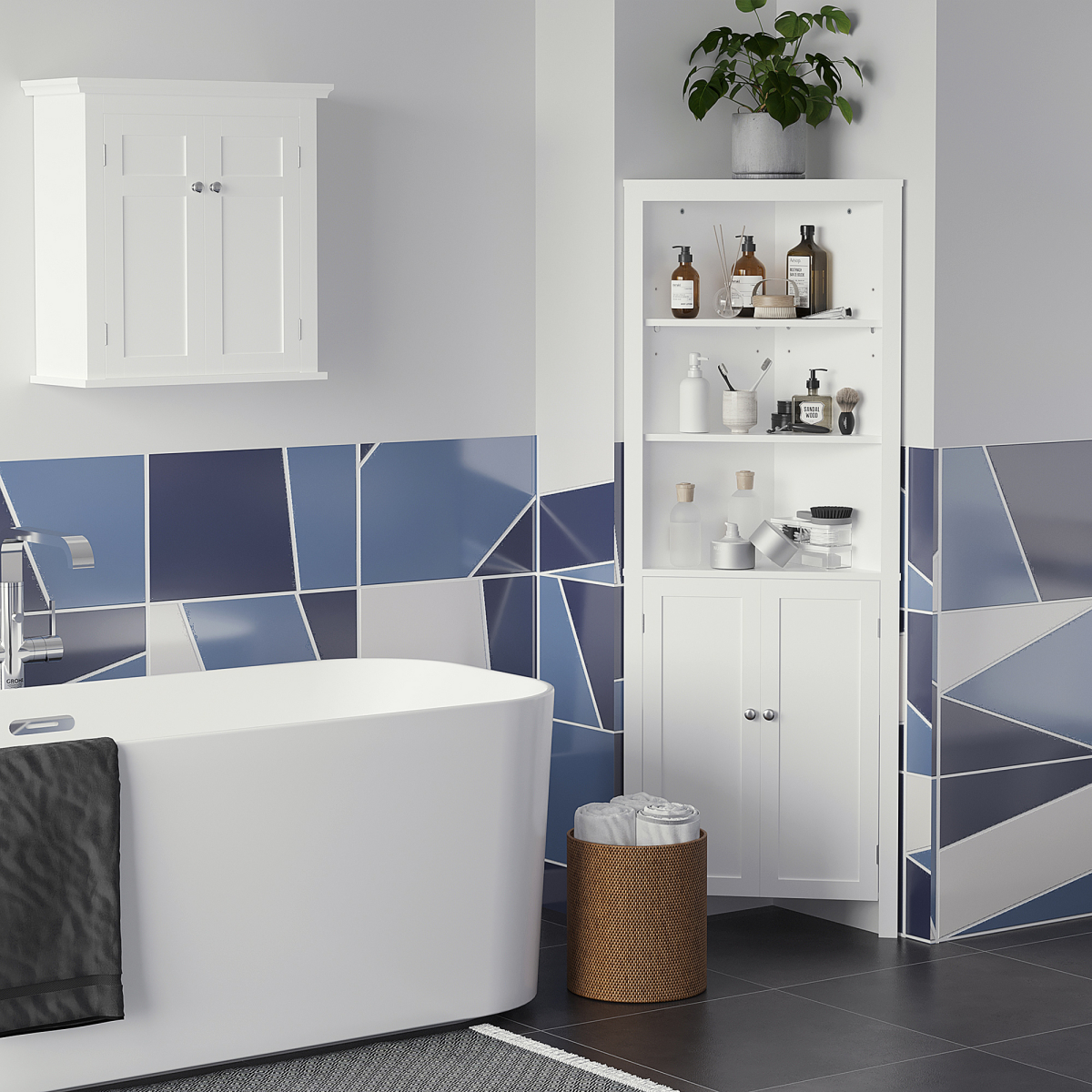 Freestanding Corner Bathroom Cabinet with Double Doors and Adjustable Shelves, White