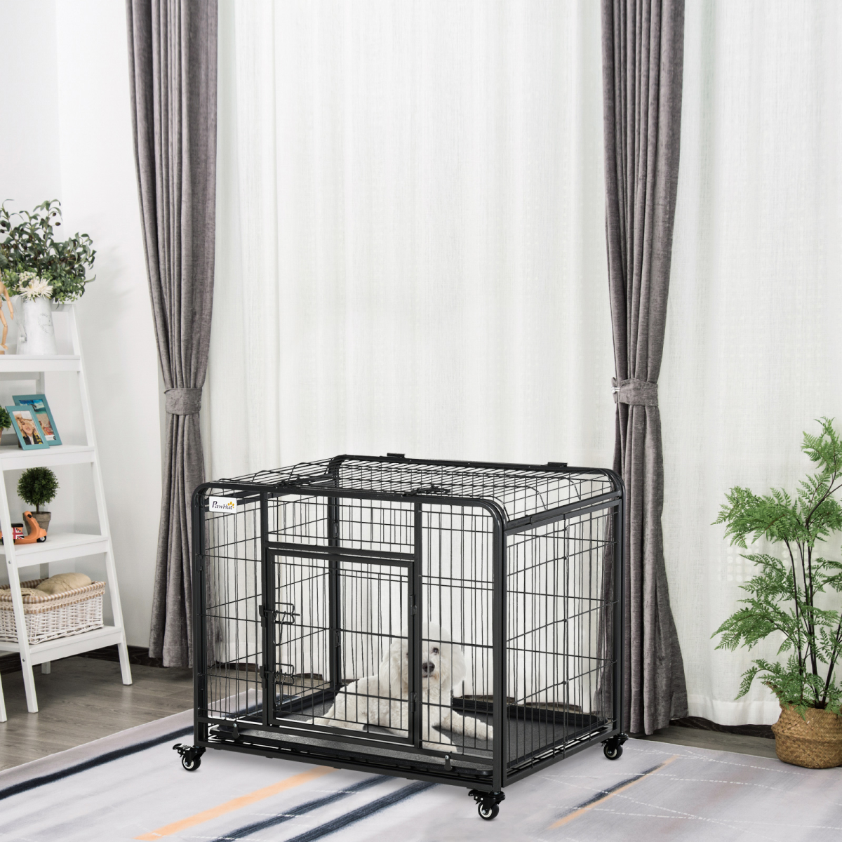 PawHut Metal Dog Crate Kennel with Locking Door, Wheels for Medium Dogs