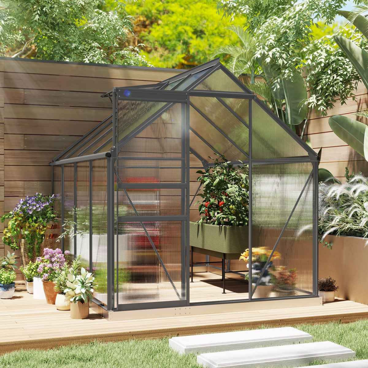 Outsunny Dark Grey Walk-In Polycarbonate Garden Greenhouse, Sliding Door