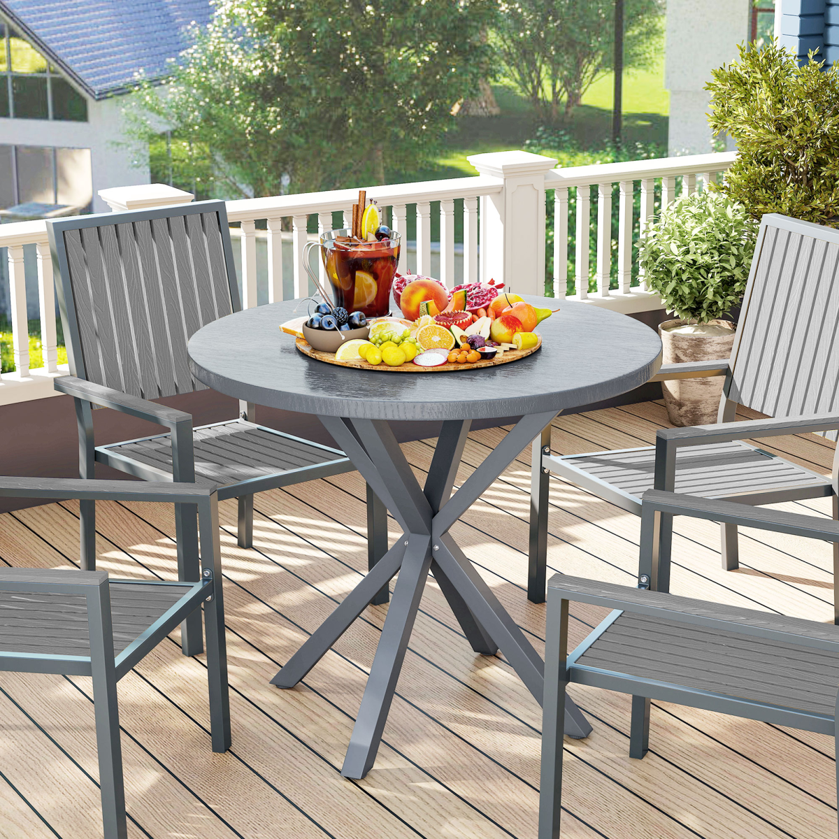Outsunny Round Garden Table, Steel Frame, Wood-Effect Top, Dark Grey