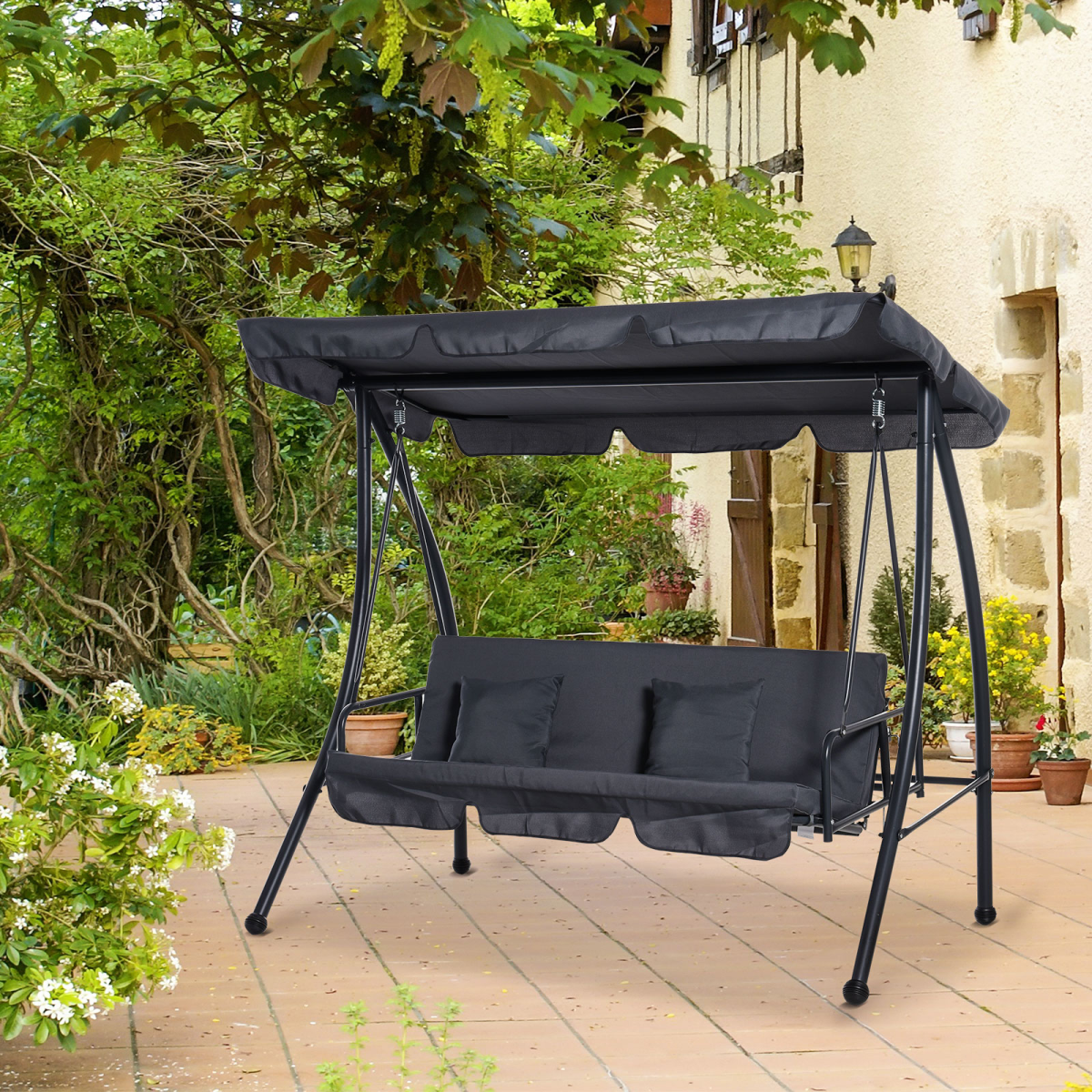 Outsunny 2-in-1 Patio Swing Chair Lounger, 3-Seater Hammock Bed with Adjustable Canopy, Dark Grey Cushion