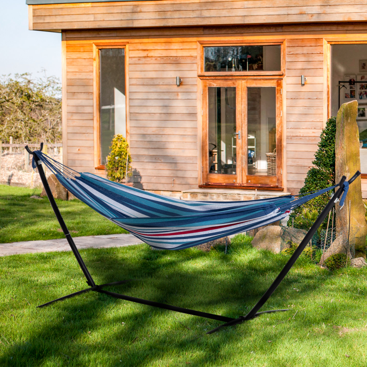 294 x 117cm Hammock with Metal Stand Portable Carrying Bag 120kg White Stripe
