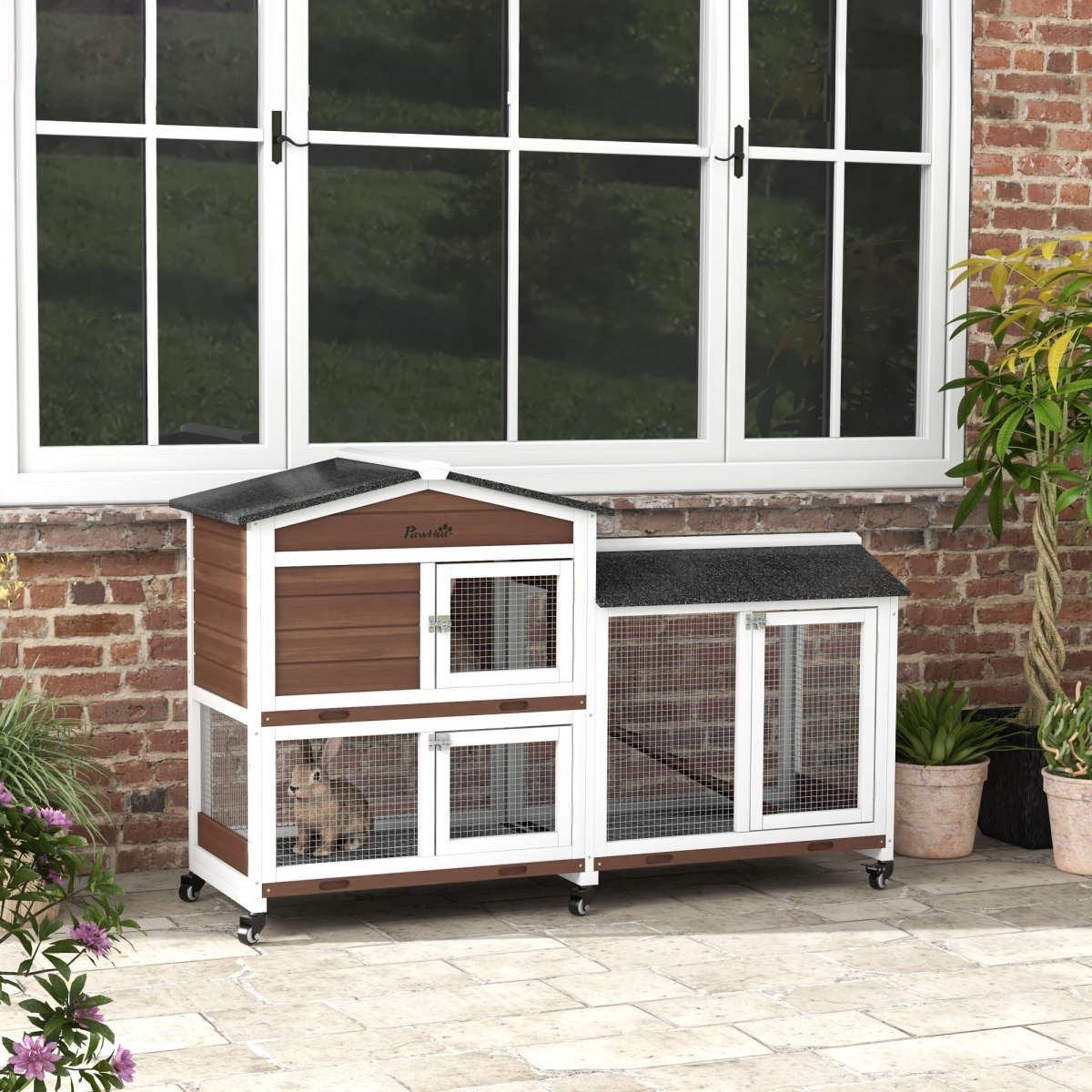 PawHut Wooden Rabbit Hutch with Wheels, Run and Ramp, Brown