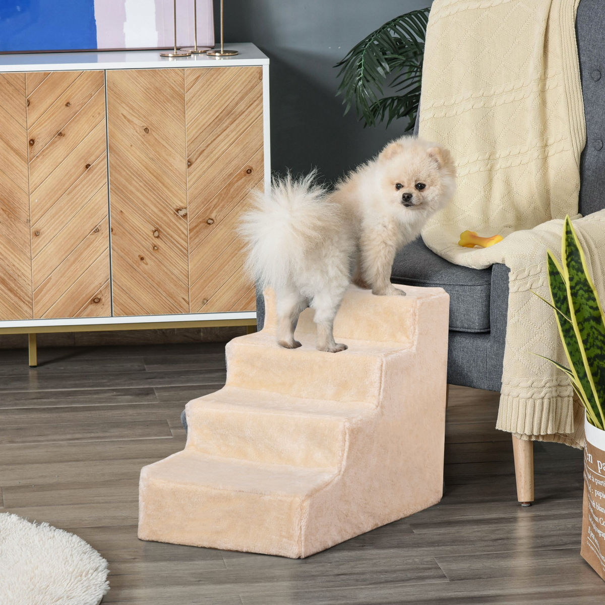 PawHut Beige Portable Dog Stairs with Washable Plush Cover for Beds & Sofas