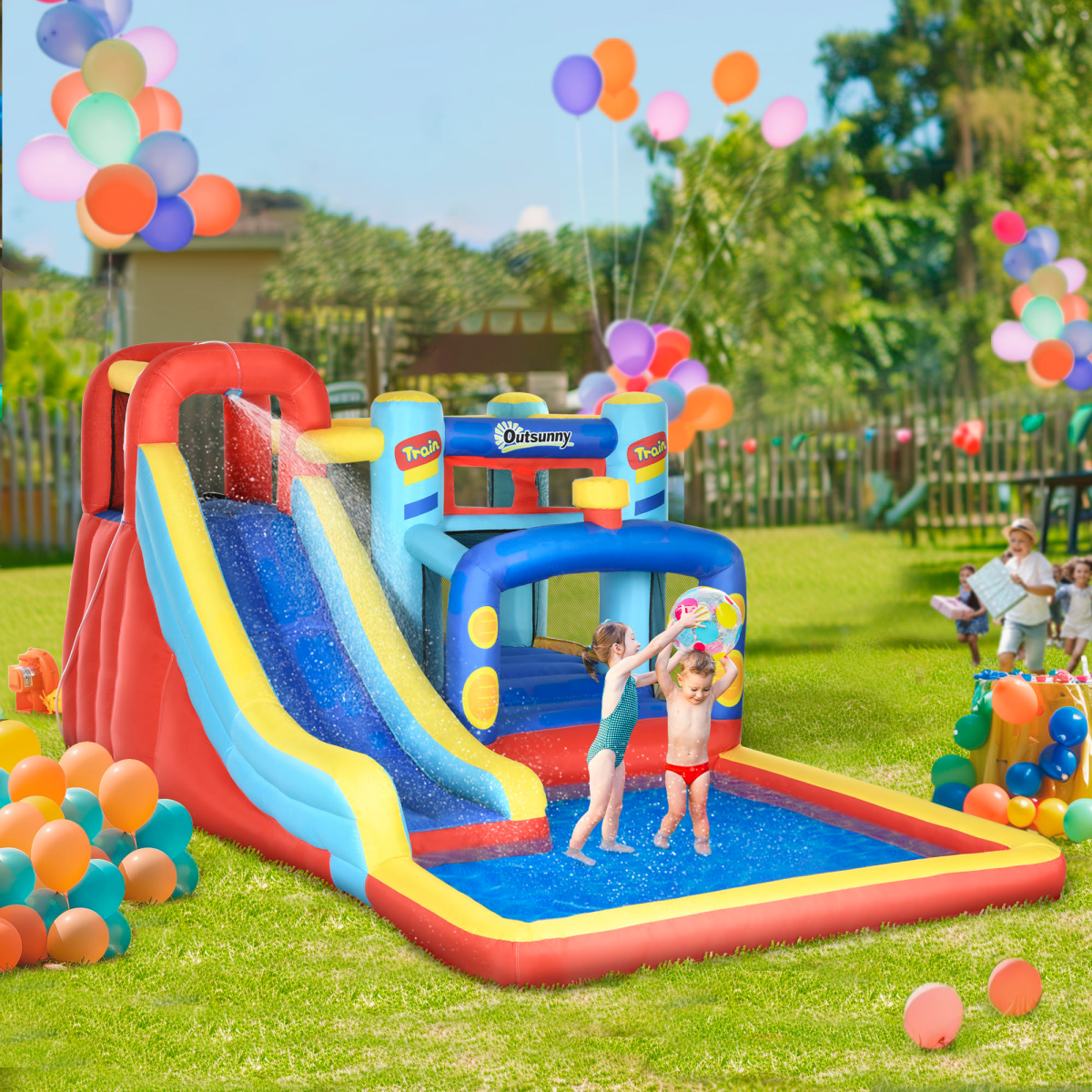 Outsunny 4 in 1 Kids Bouncy Castle Slide Pool Trampoline Climbing Wall Blower