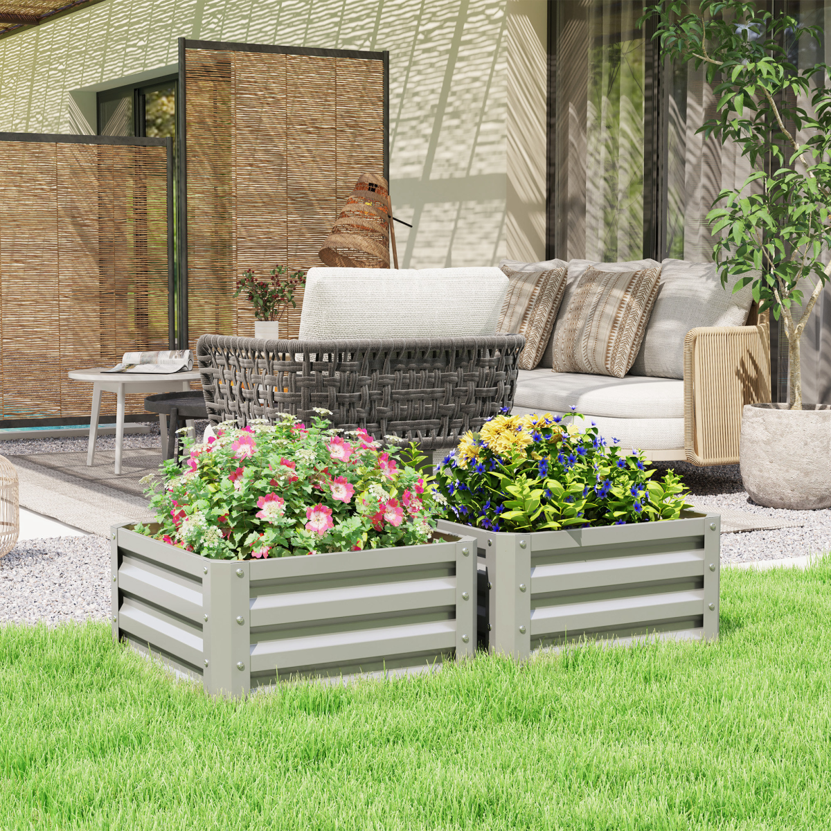 Outsunny Set of 2 Galvanised Steel Raised Garden Beds, Light Grey