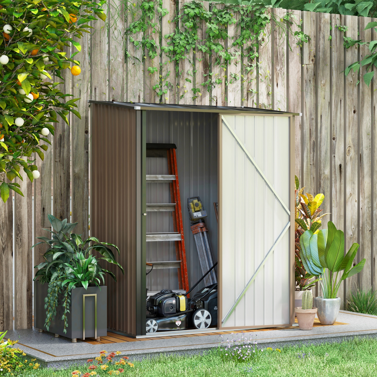 Outdoor Steel Garden Storage Shed with Lockable Door and Sloped Roof for Backyard
