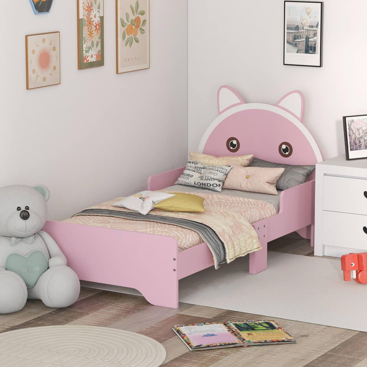 ZONEKIZ Toddler Bed Frame, Cat Design Kids Bed with Guardrails, Pink