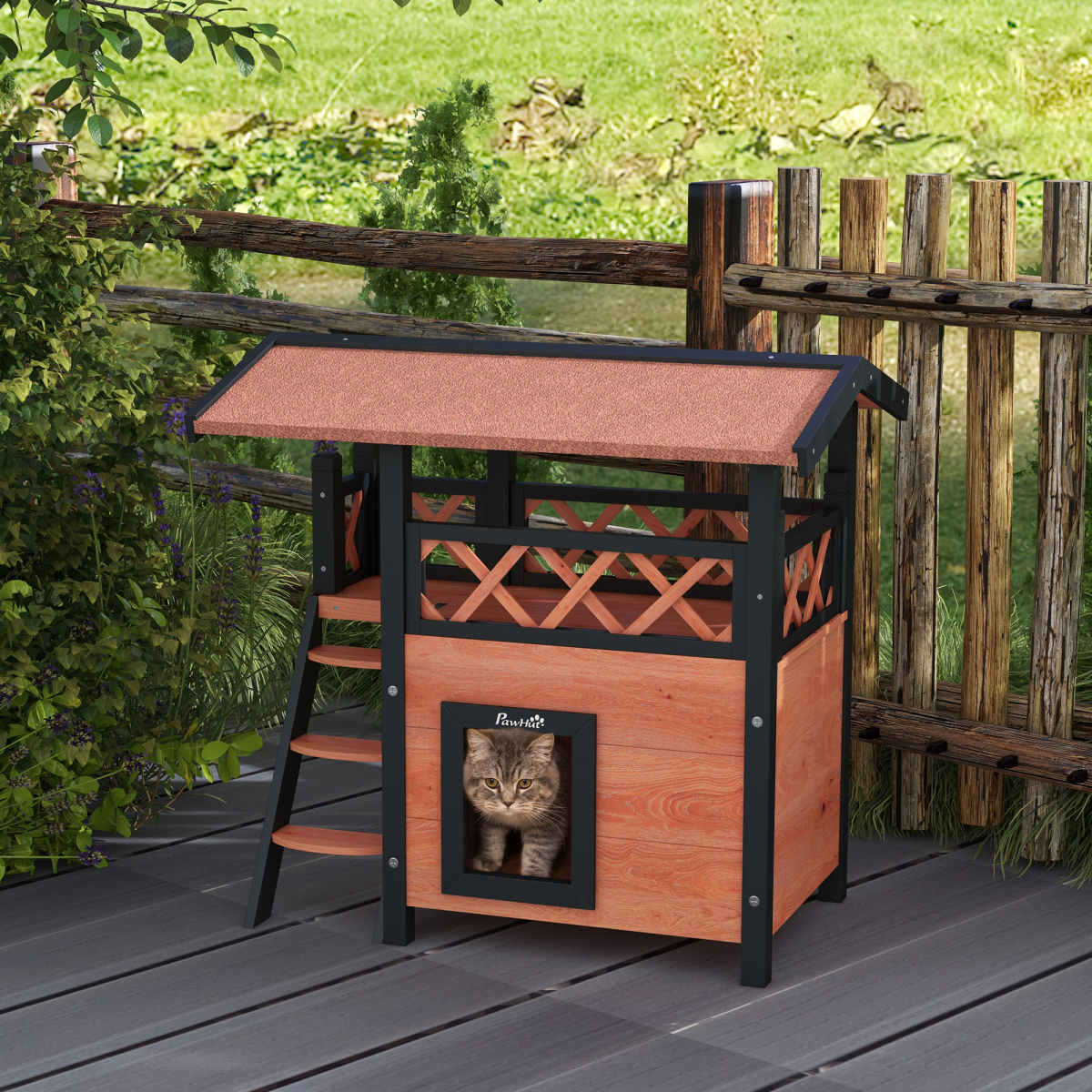 PawHut Outdoor Fir Wood Cat House with Balcony, Stairs & Roof
