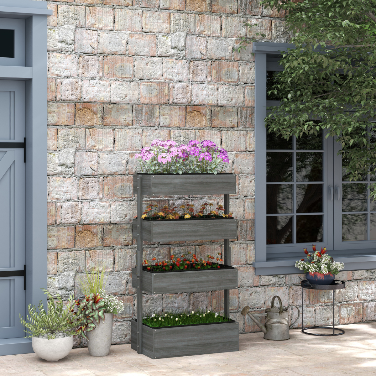 Outsunny 4-Tier Wooden Raised Garden Bed Plant Stand, Grey