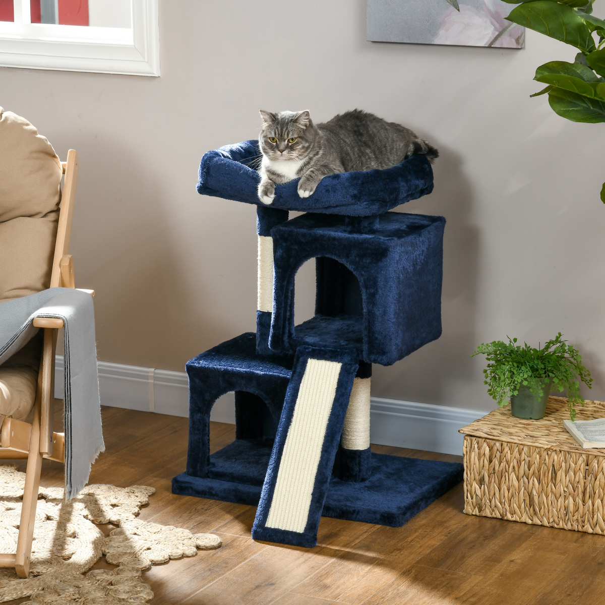 PawHut Cat Tree with 2 Houses, Perch & Scratching Posts, Navy Blue