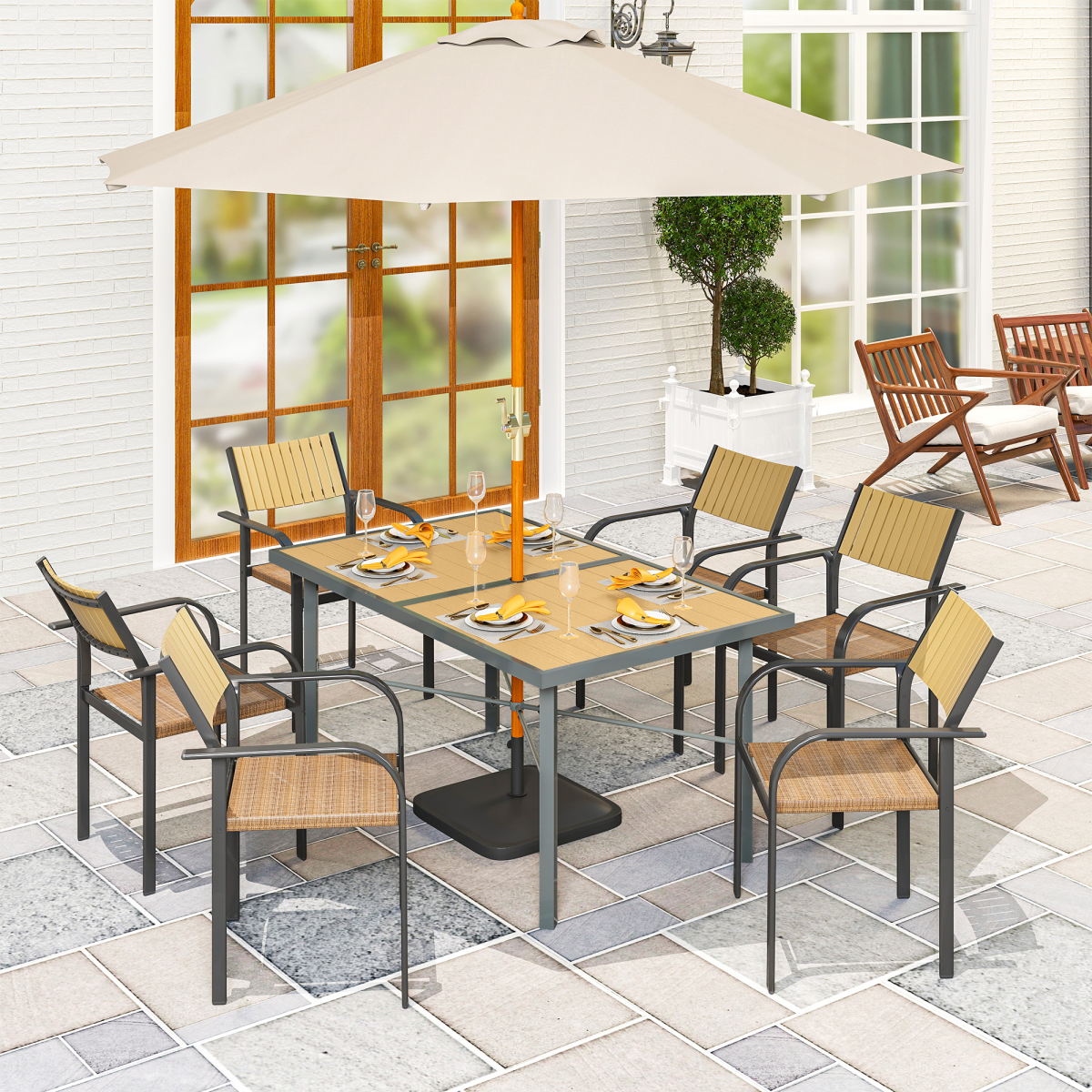 Outsunny Outdoor Garden Dining Table for 6 with Umbrella Hole