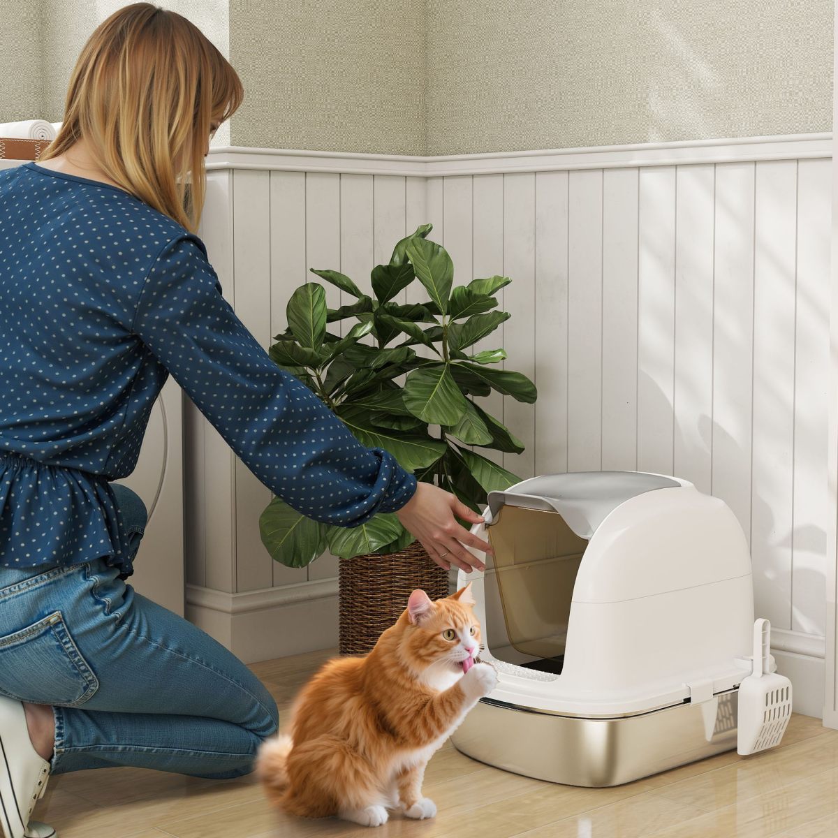 PawHut Enclosed Stainless Steel Cat Litter Tray with Lid and Deodoriser Compartment