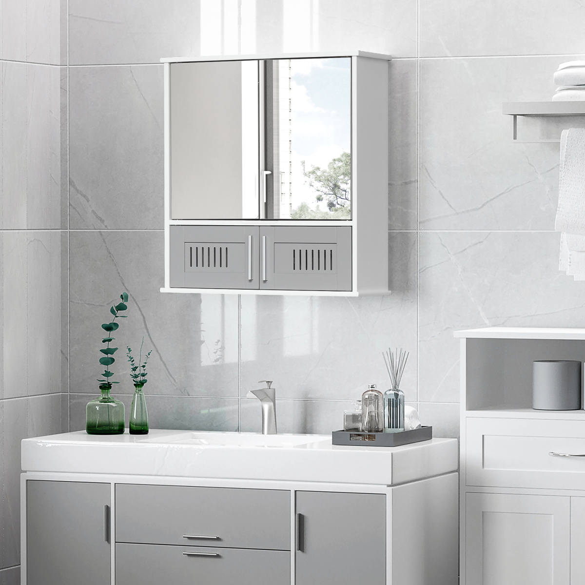 kleankin Bathroom Mirror Cabinet Wall Mounted Storage Cupboard with Mirrored Doors Grey