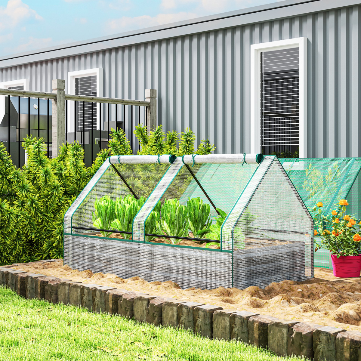 Outsunny Raised Garden Bed Planter with Mini Greenhouse, White/Grey